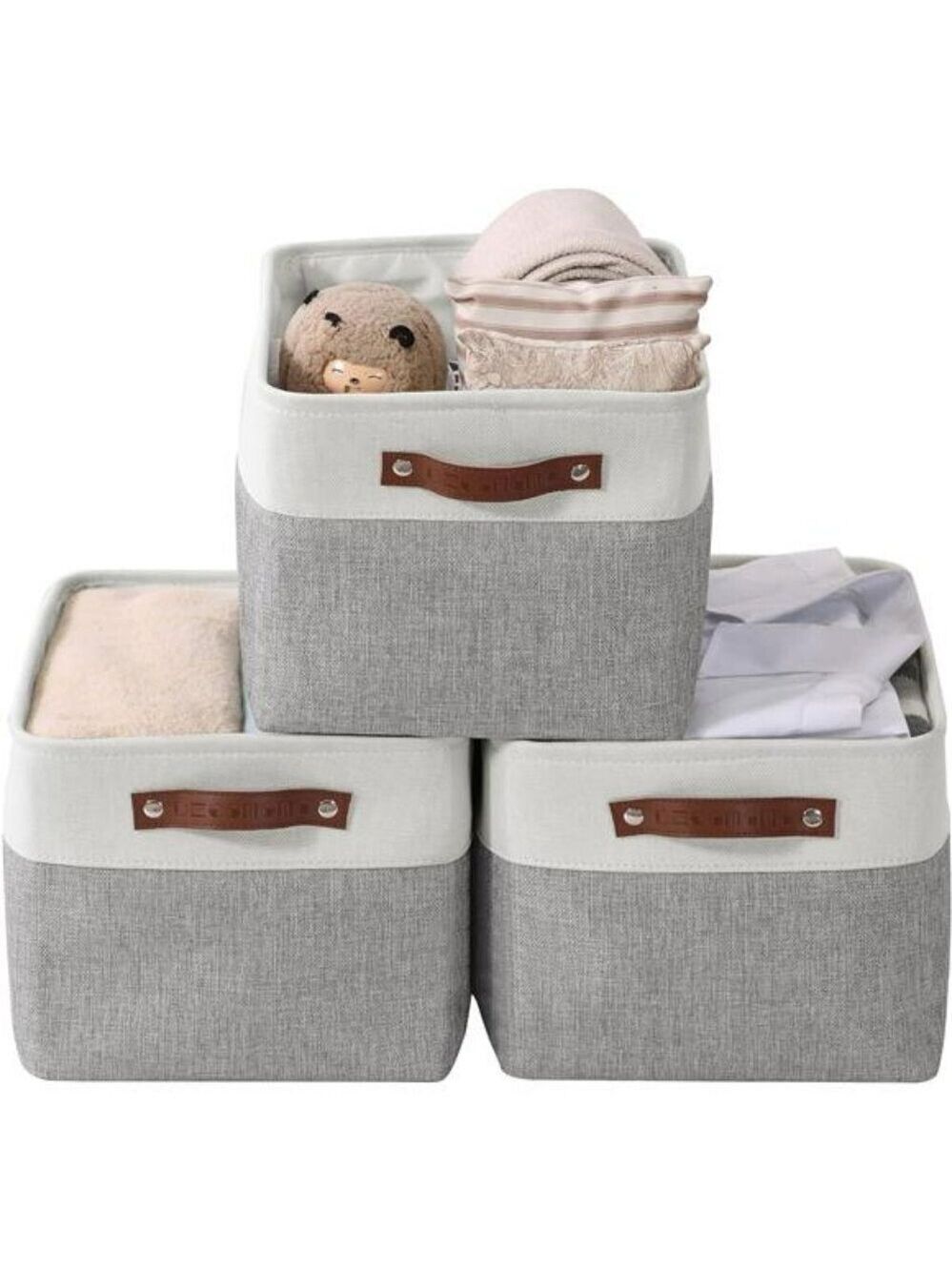 Large Fabric Storage Bins Set of 3 Closet Organizer Baskets for Shelves Grey